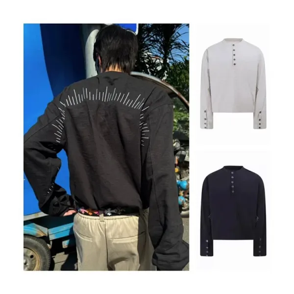 Design Henley Shirt with Embroidered Lines Black Tops Shirt - 4