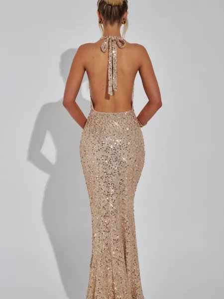 Design Sheer Sequined Halter Gown Black Dress - 6