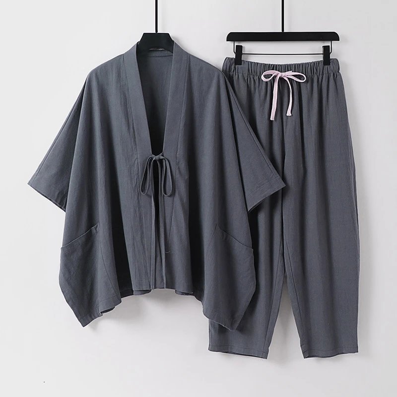 Design Kimono-Style Wrap Top and Drawstring Pants Set Navy - 5