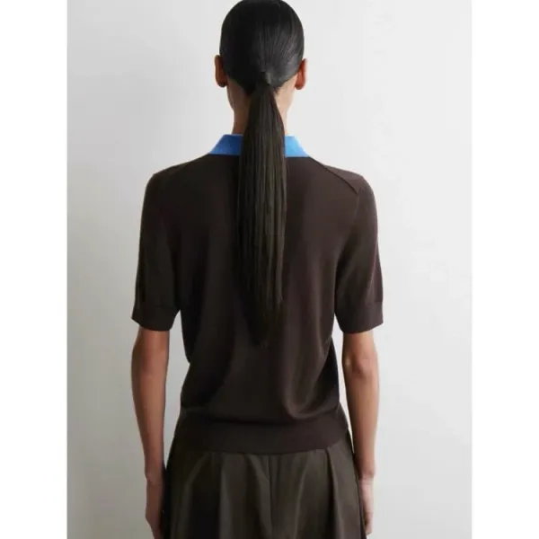 Design COS Color-Block Knit Polo Brown with Blue Collar Tops Polo - 7