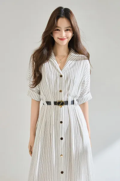 Design Striped Shirt Dress with Belt in Beige and Black Dress - 5