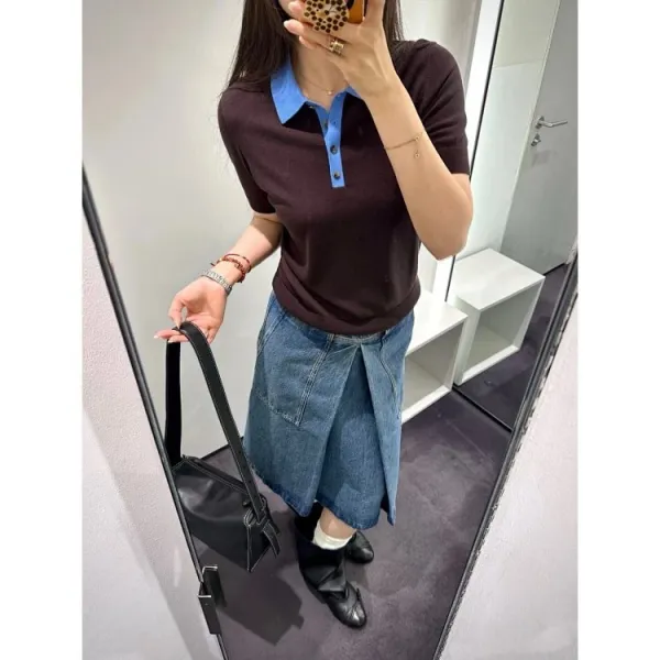 Design COS Color-Block Knit Polo Brown with Blue Collar Tops Polo - 9