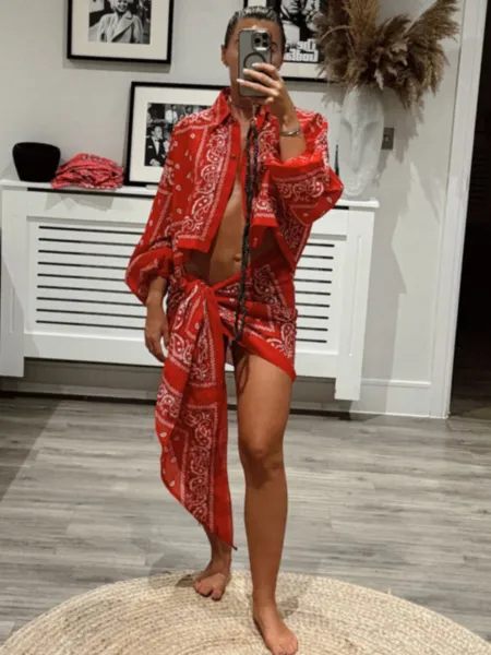 Design Bandana Print Wrap Shirt Dress Brown Dress - 15