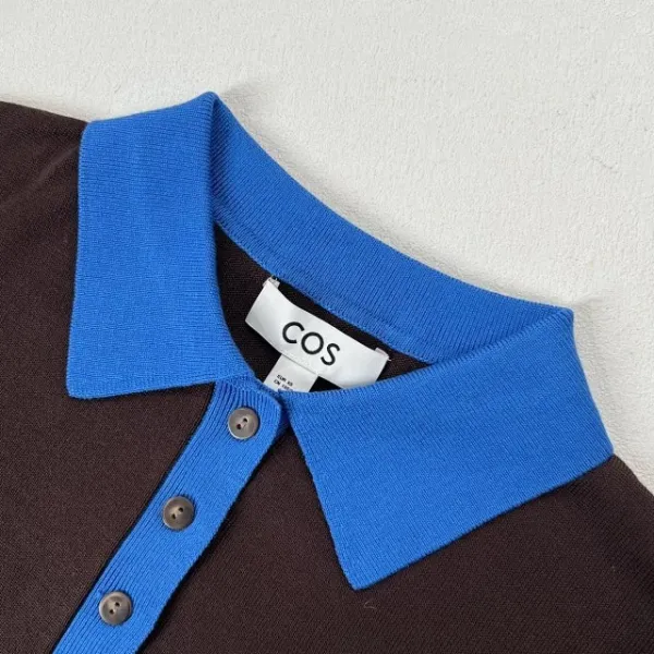 Design COS Color-Block Knit Polo Brown with Blue Collar Tops Polo - 16