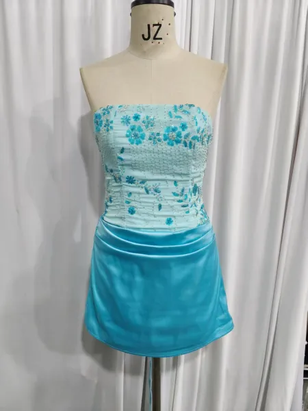 Design Embroidered Floral Corset Tube Dress in Sky Blue - 9