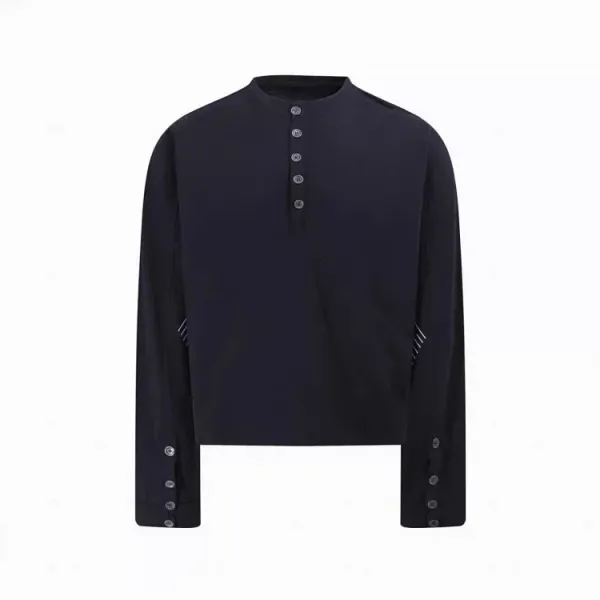 Design Henley Shirt with Embroidered Lines Black Tops Shirt - 16
