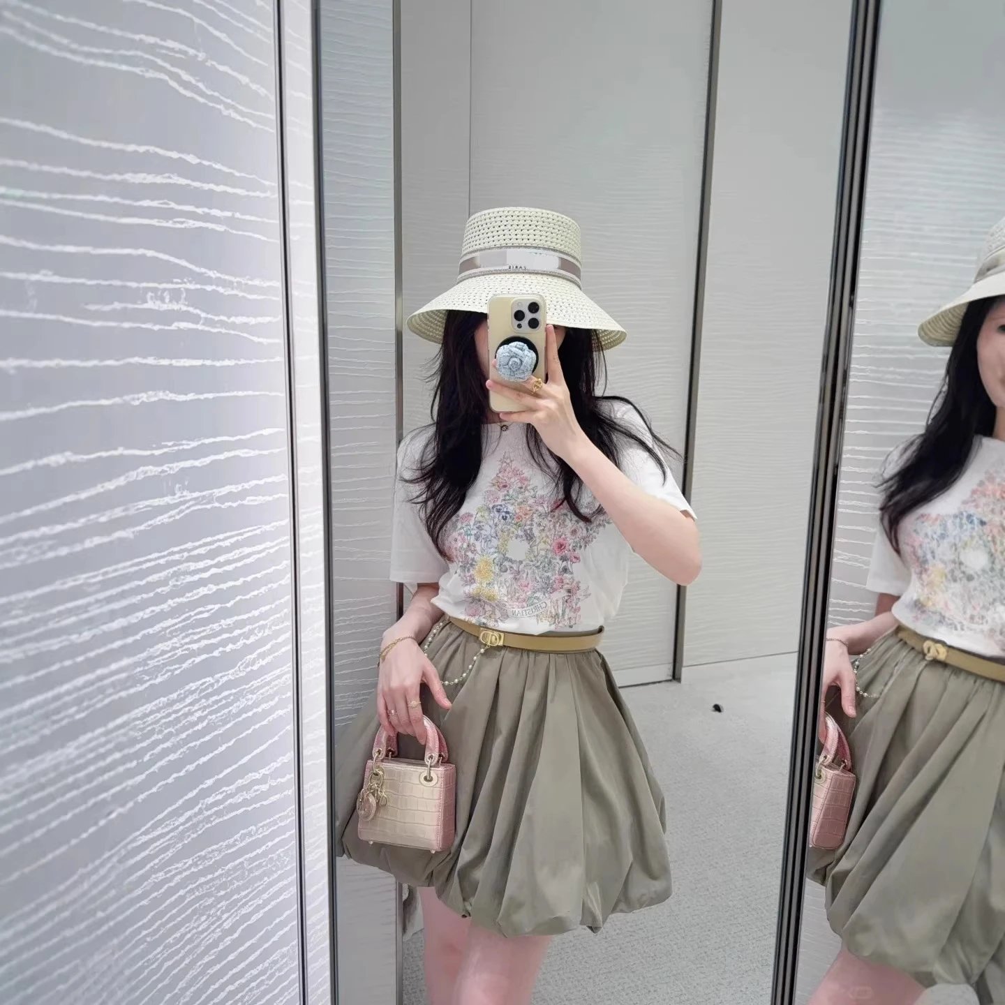 Floral Print White T-Shirt Olive Green Pleated Skirt Casual Outfit