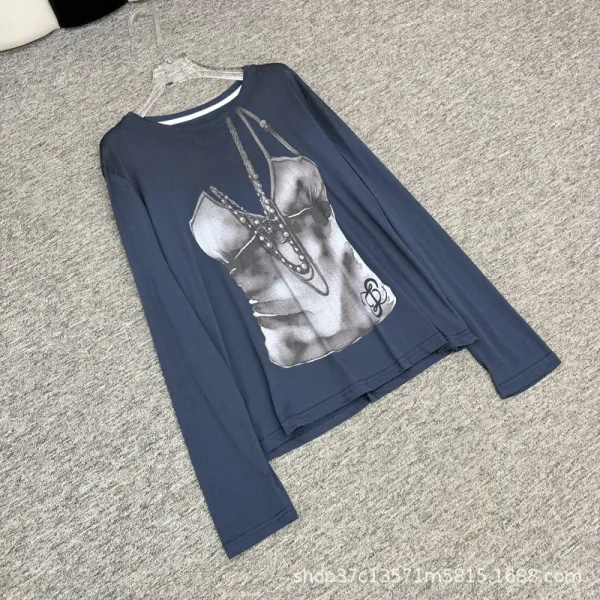 Chanel Graphic Print Long Sleeve T-Shirt Navy - 7