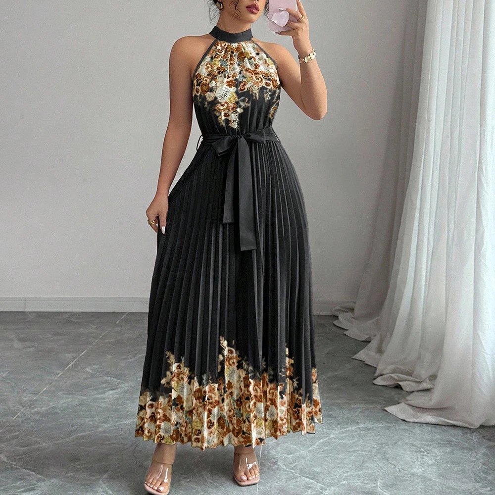 Floral Halter Neck Pleated Maxi Dress Black
