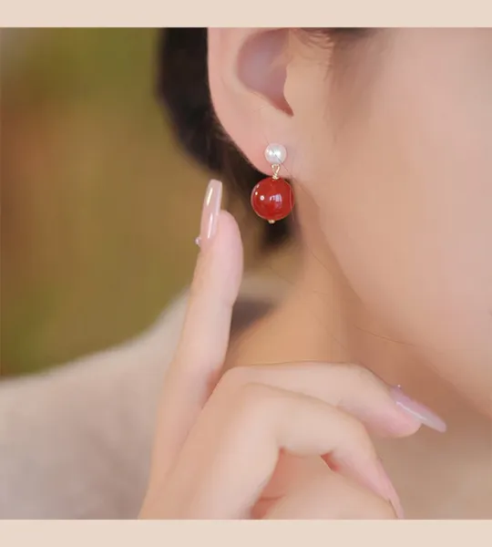 Design Pearl and Red Agate Drop Earrings - 7