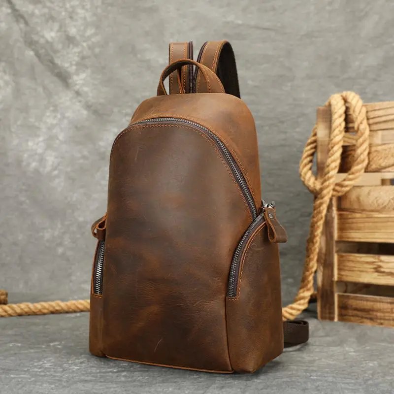 跨境真皮男士多功能双肩背包大容量单肩挎包胸包chest bag men