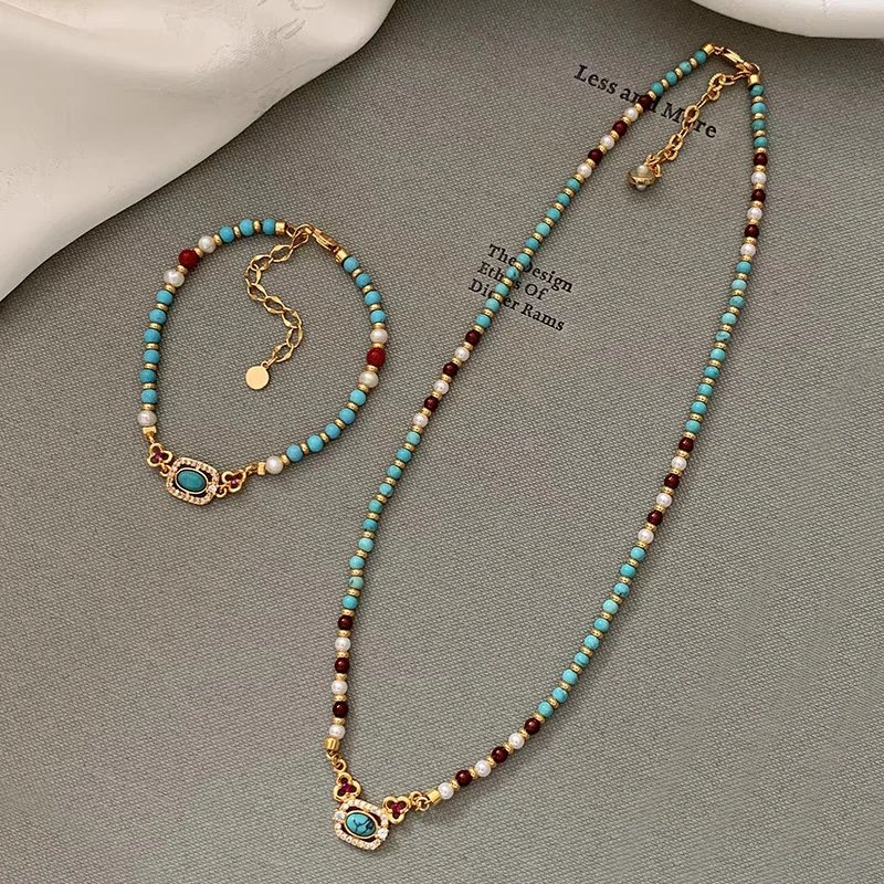 Design Turquoise and Coral Beaded Bracelet with Pearl Accents and Gold-Tone Clasp Jewelry - 2