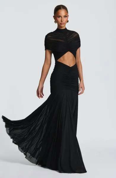 Design Ruched Sheer Cut-Out Gown Black Formal Dress - 6