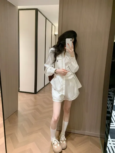 Design Pearl-Trimmed Oversized Shirt and Shorts Set White - 8