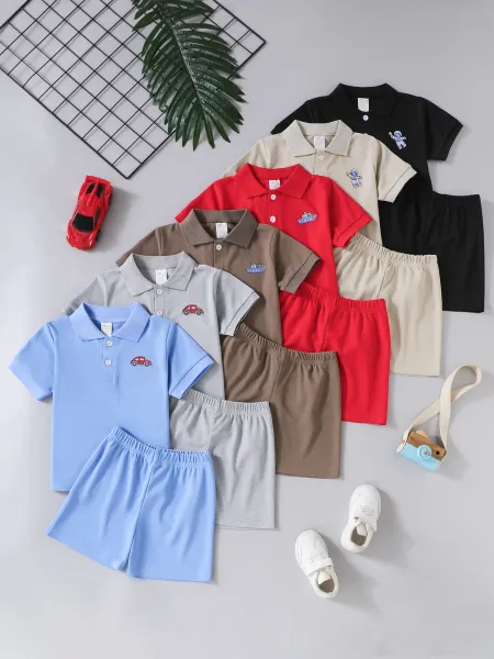 Design Red Polo Shirt with Boat Embroidery and Matching Shorts Set Sets - 5