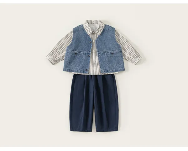 Design M.bang Denim Vest Set Navy Striped Shirt and Pants Sets - 24