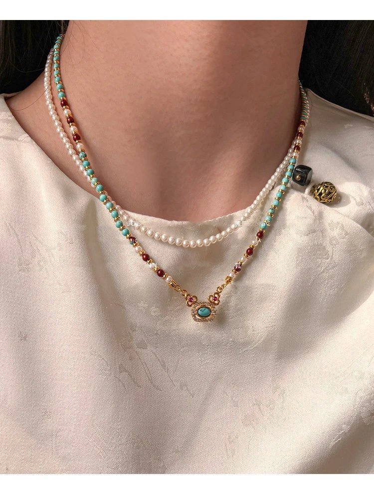 Design Turquoise and Coral Beaded Bracelet with Pearl Accents and Gold-Tone Clasp Jewelry - 7