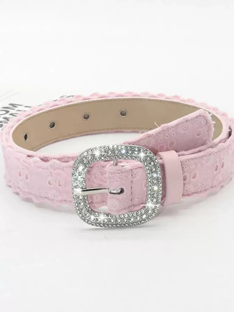 Design Lace-Trimmed Rhinestone Buckle Belt Pink Accessories