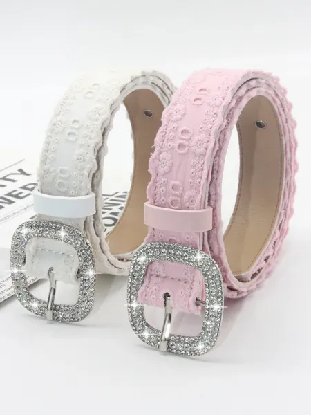 Design Lace-Trimmed Rhinestone Buckle Belt Pink Accessories - 2