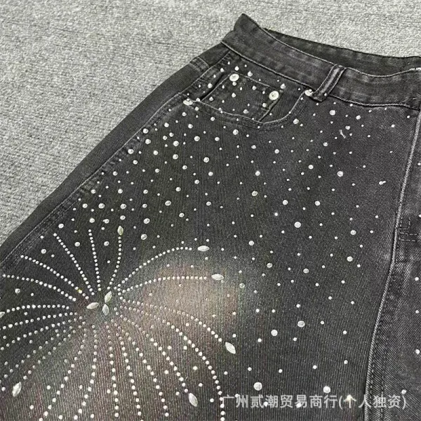 Design Denim Shorts with Rhinestone Sunburst Embroidery Blue and Black - 8