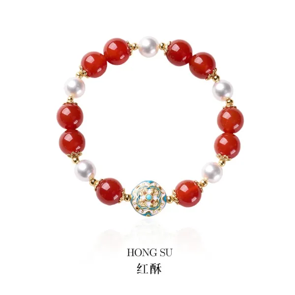 Design Pearl Bead Bracelet with Red and Turquoise Accents Bracelet Jewelry - 9