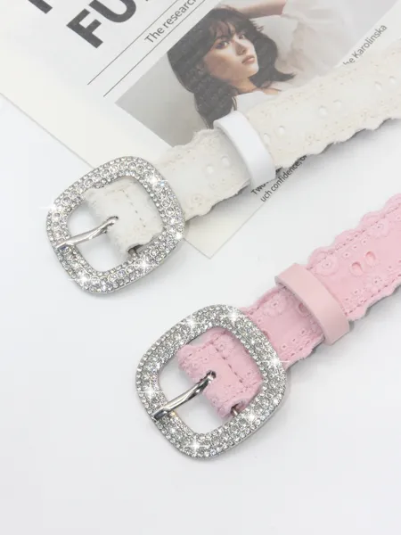 Design Lace-Trimmed Rhinestone Buckle Belt Pink Accessories - 3