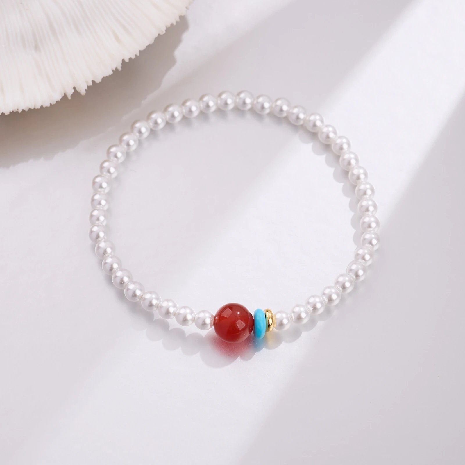 Design Pearl Bead Bracelet with Red and Turquoise Accents Bracelet Jewelry - 11