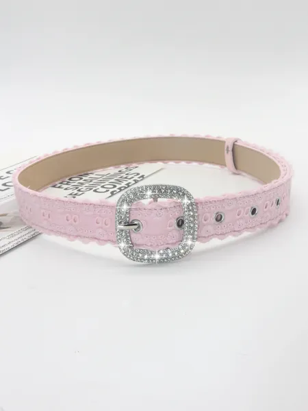 Design Lace-Trimmed Rhinestone Buckle Belt Pink Accessories - 5