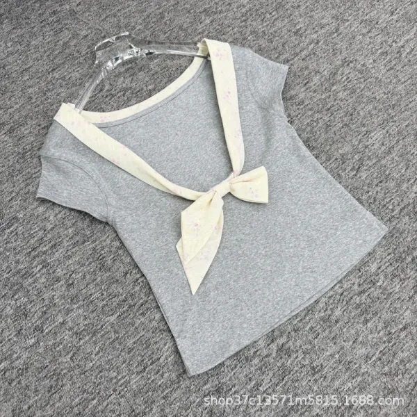 Design Bow-Neck Tie Detail White T-Shirt with Mint Green Trim - 12