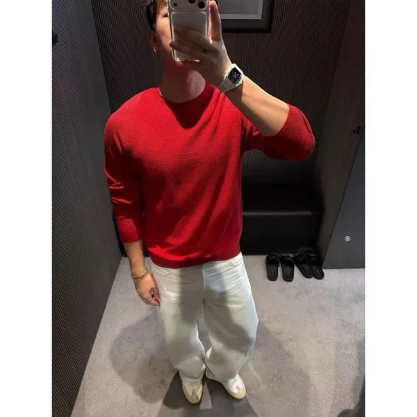 Design Red Crewneck Sweater White Denim Pants Sweater - 5