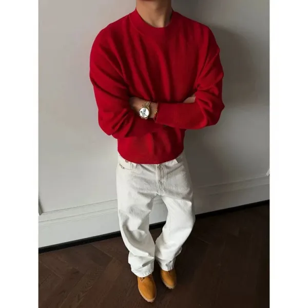 Design Red Crewneck Sweater White Denim Pants Sweater - 11
