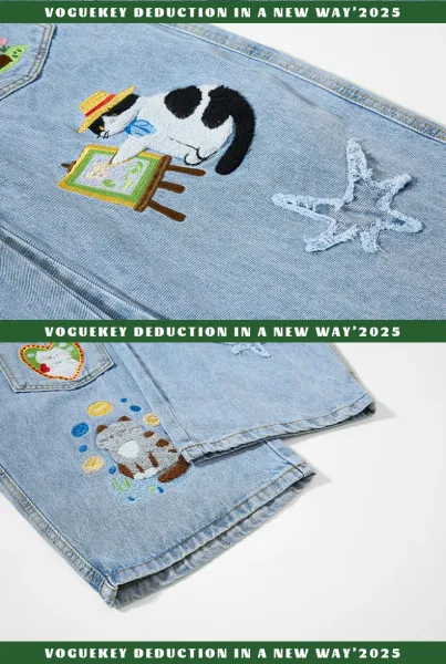 Design Embroidered Cat Motif Wide-Leg Jeans Light Blue - 9