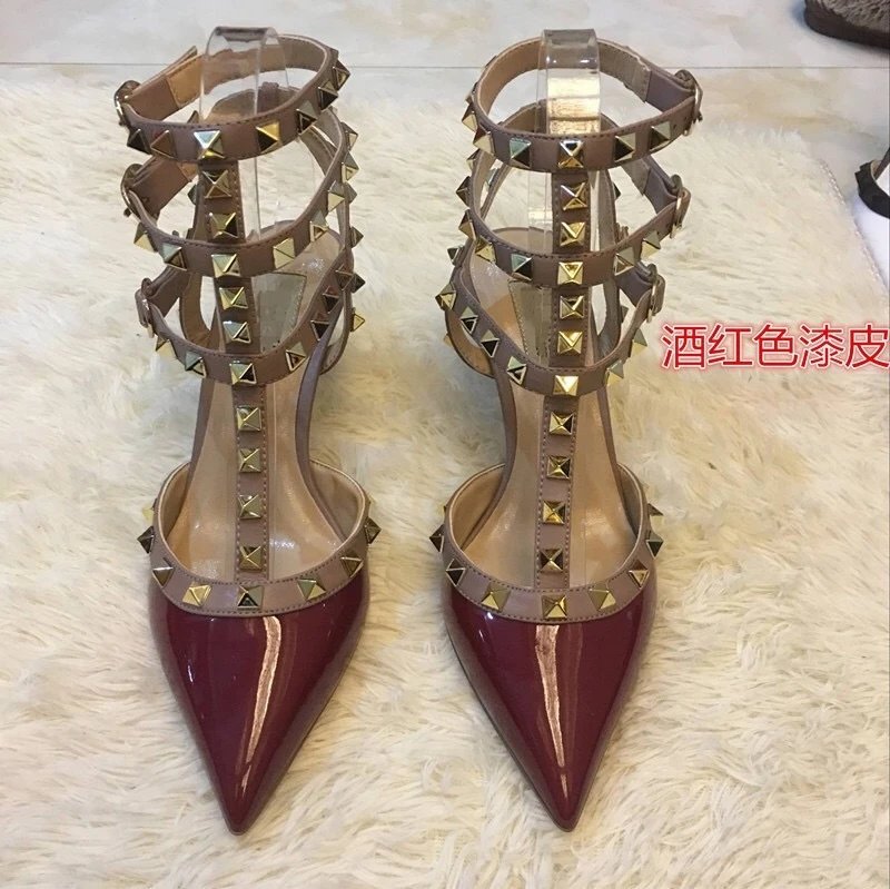Valentino Rockstud Strappy Stiletto Heels Burgundy Patent Leather