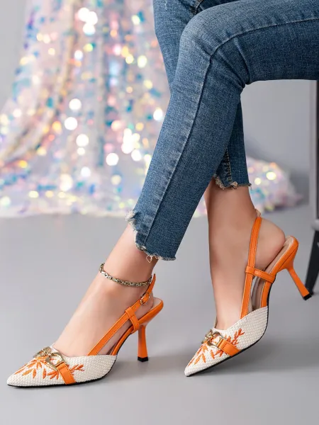 Design Woven Pointed-Toe Slingback Heels with Orange Embroidery and Gold Buckle - 3