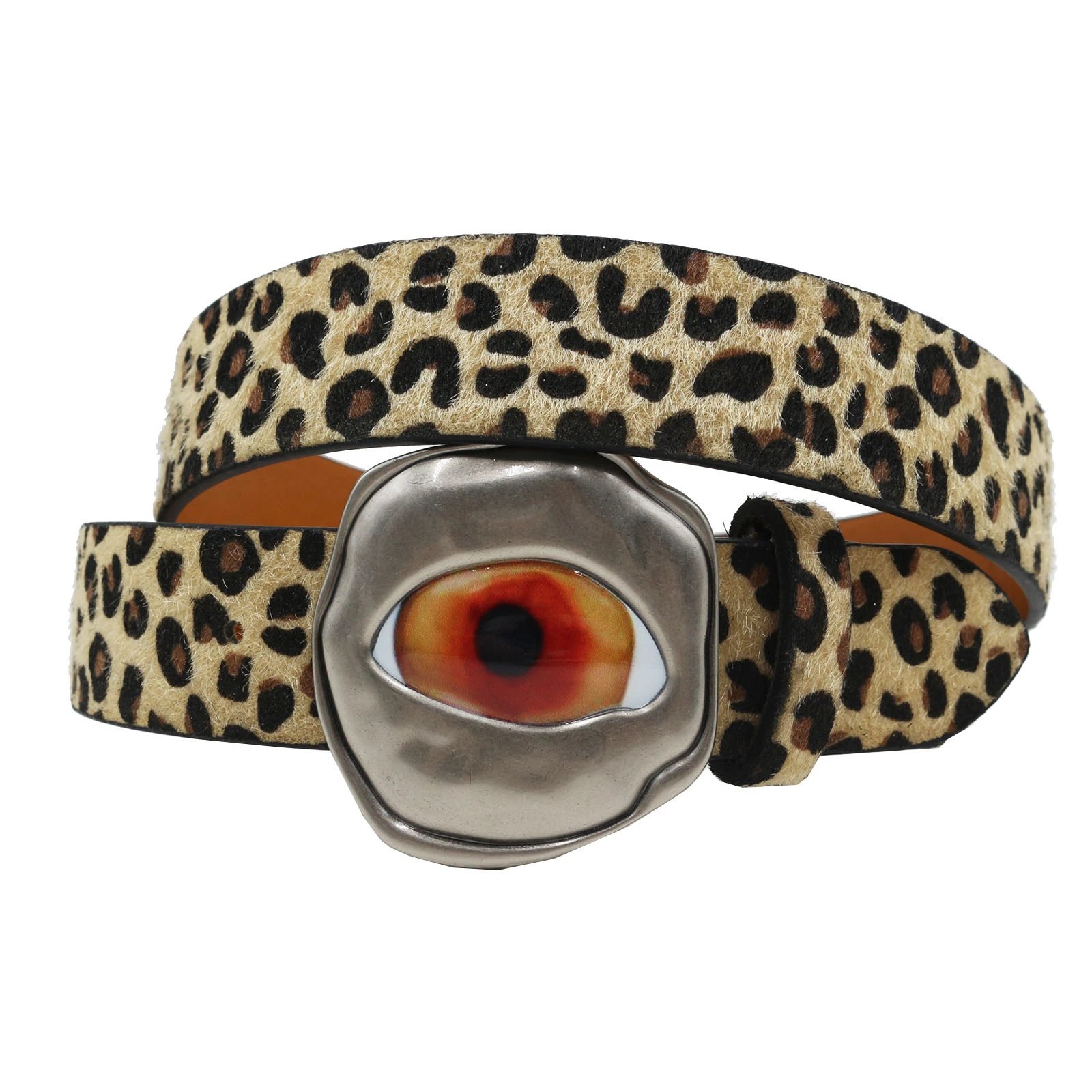 Design Leopard Print Suede Belt with Eye Buckle Accessory