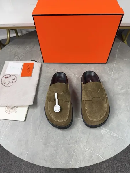 Hermès Oran Loafers Olive Suede Slippers - 1