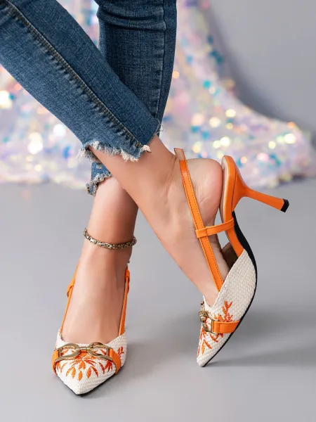 Design Woven Pointed-Toe Slingback Heels with Orange Embroidery and Gold Buckle - 5
