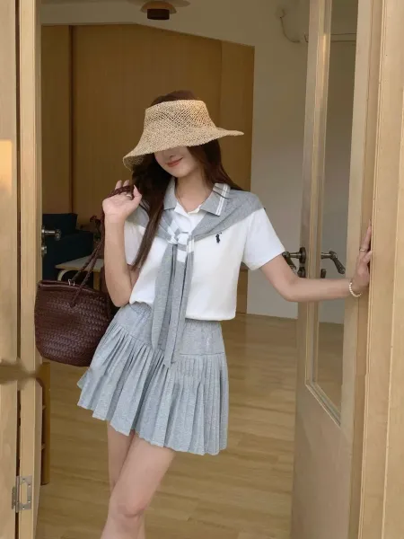 Design Sailor Collar Pleated Skirt Set Navy and White - 8
