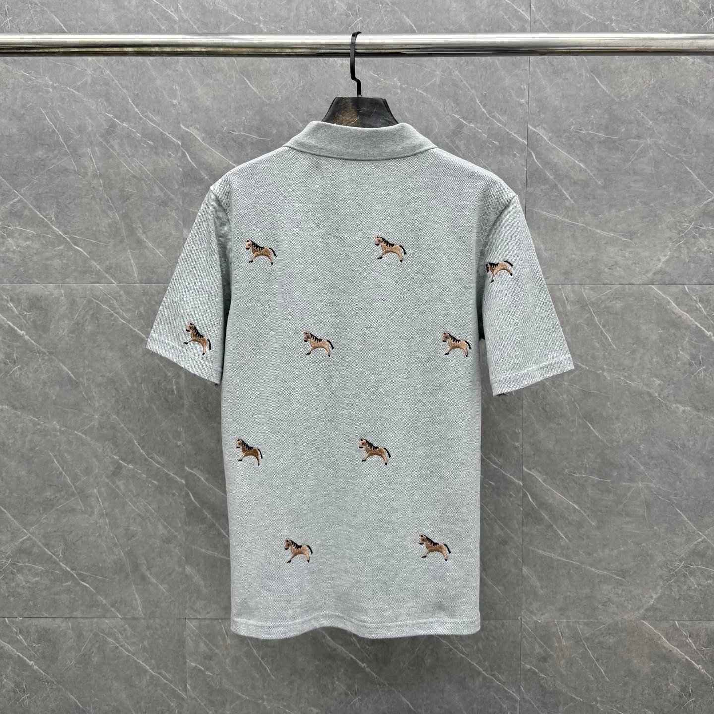 Thom Browne Horse-Embroidered Gray Piqué Polo Polo Shirt - 22