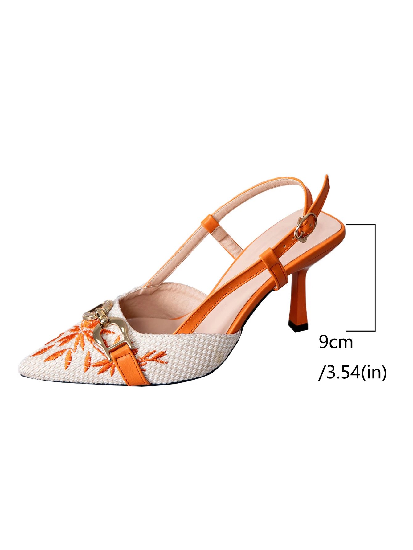 Design Woven Pointed-Toe Slingback Heels with Orange Embroidery and Gold Buckle - 10