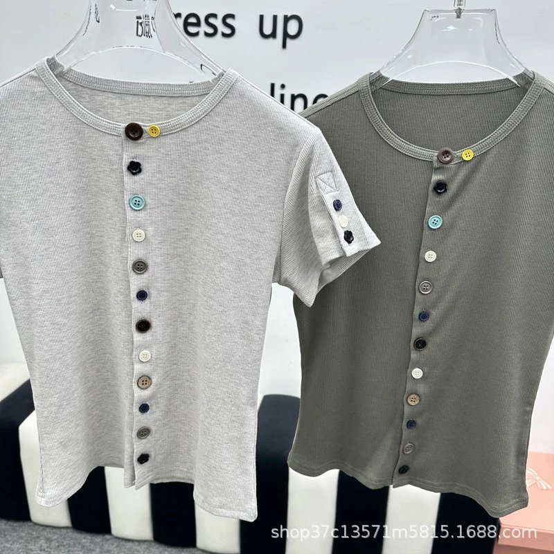 Button-Front Ribbed Knit Top Gray Olive Casual Short Sleeve T-Shirt