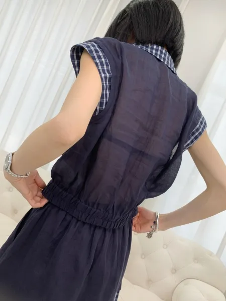 Design Sleeveless Shirt and Shorts Set Navy with Plaid Trim - 7