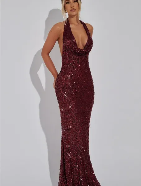 Design Sheer Sequined Halter Gown Black Dress - 27