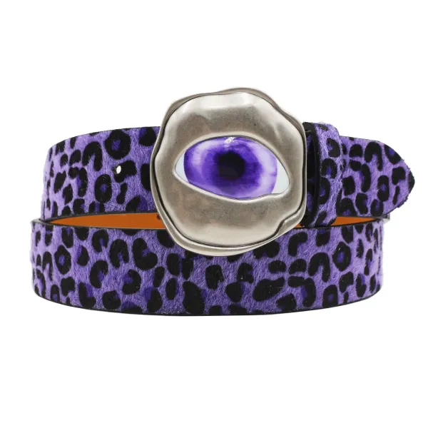 Design Leopard Print Suede Belt with Eye Buckle Accessory - 3