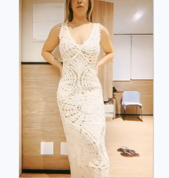 Design White Crochet Maxi Dress with Geometric Pattern Dress - 3