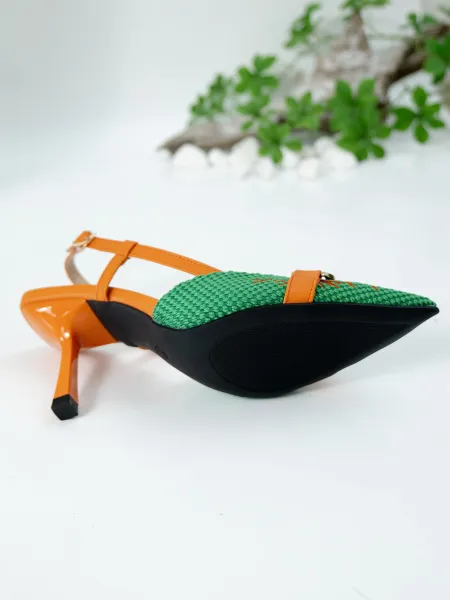 Design Woven Pointed-Toe Slingback Heels with Orange Embroidery and Gold Buckle - 18
