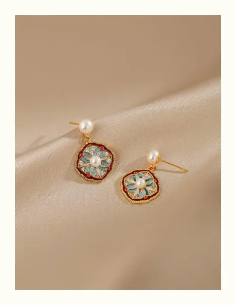 Design Floral Enamel Pearl Drop Earrings Jewelry - 5