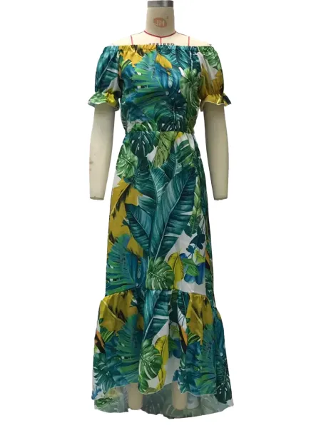 Design Tropical Leaf Print Off-Shoulder Maxi Dress - 19