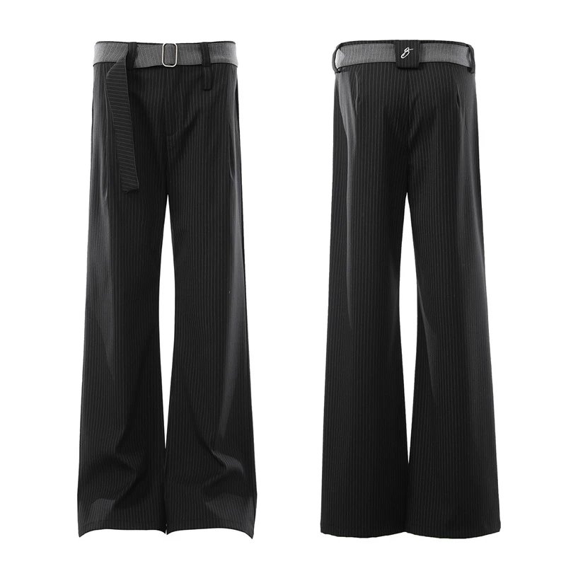 Design Cropped T-Shirt Beige + Pleated Wide-Leg Pants Gray with Belt - 5