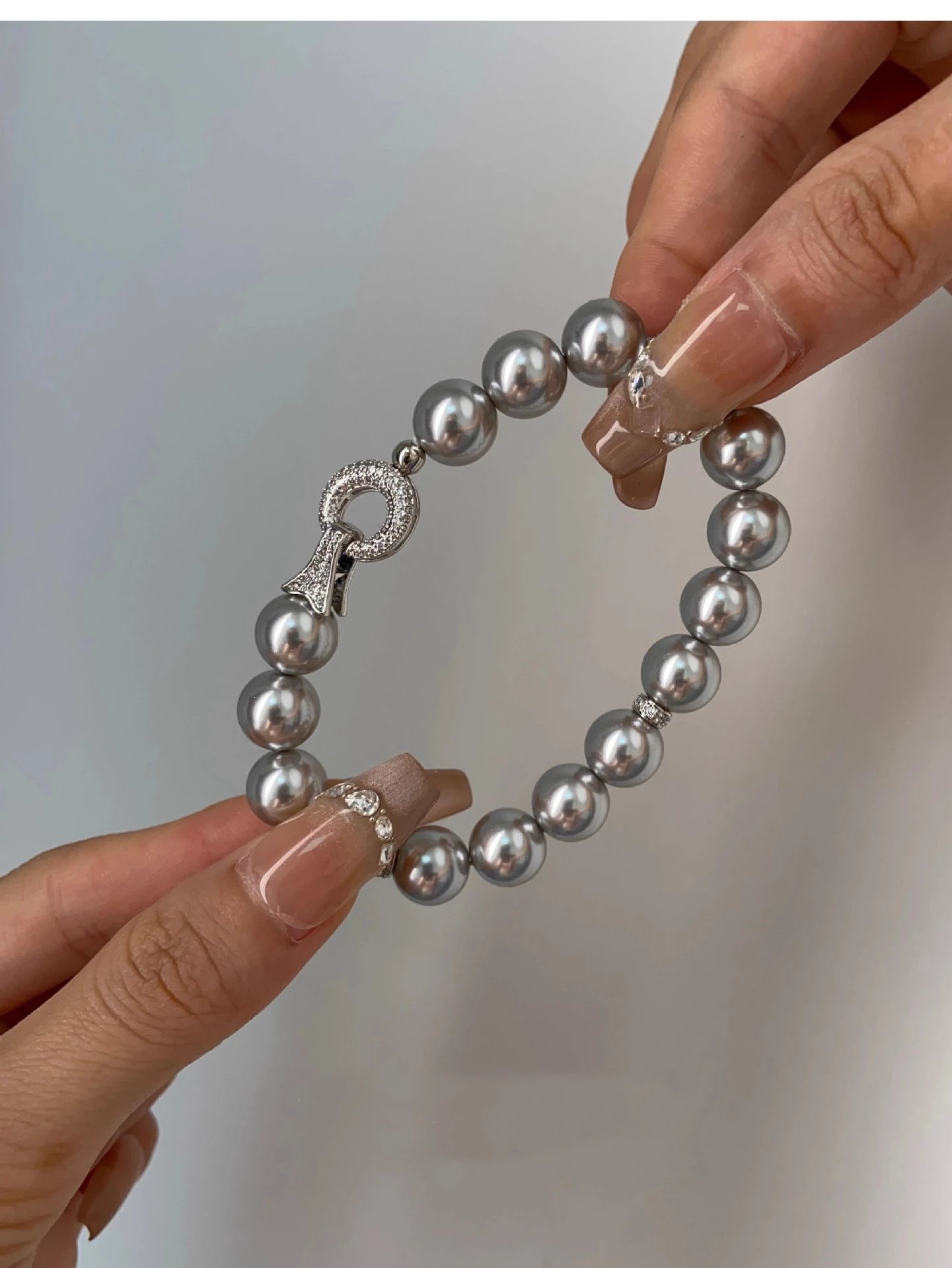 Design Pearl Bead Bracelet with Crystal Clasp Silver Gray Bracelet Jewelry - 5